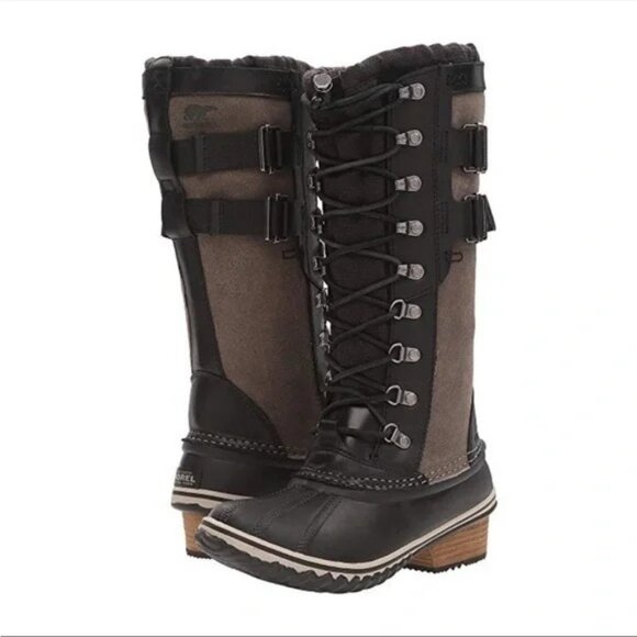 Sorel Conquest Carly II Boots Tan Brown & Black Genuine Leather Womens Winter - Picture 1 of 8